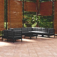  10 Piece Garden Lounge Set with Cushions Black Solid Pinewood