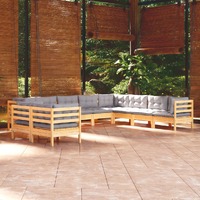  10 Piece Garden Lounge Set with Grey Cushions Solid Pinewood