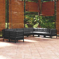  10 Piece Garden Lounge Set with Cushions Black Solid Pinewood