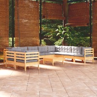  11 Piece Garden Lounge Set with Grey Cushions Solid Pinewood