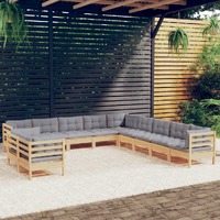  11 Piece Garden Lounge Set with Grey Cushions Solid Pinewood