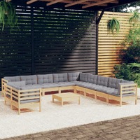  12 Piece Garden Lounge Set with Grey Cushions Solid Pinewood