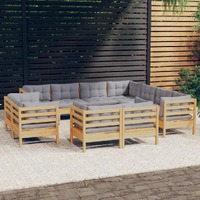  11 Piece Garden Lounge Set with Grey Cushions Solid Pinewood