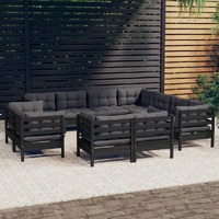  11 Piece Garden Lounge Set with Cushions Black Solid Pinewood