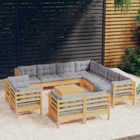  12 Piece Garden Lounge Set with Grey Cushions Solid Pinewood