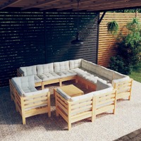  12 Piece Garden Lounge Set with Cream Cushions Solid Pinewood