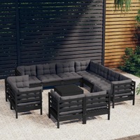  12 Piece Garden Lounge Set with Cushions Black Solid Pinewood