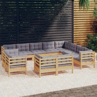  12 Piece Garden Lounge Set with Grey Cushions Solid Pinewood