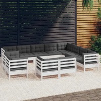  12 Piece Garden Lounge Set with Cushions White Solid Pinewood
