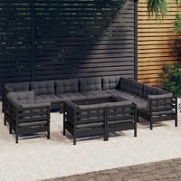  12 Piece Garden Lounge Set with Cushions Black Solid Pinewood