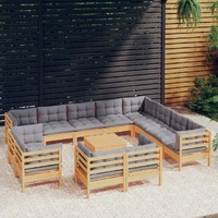  13 Piece Garden Lounge Set with Grey Cushions Solid Pinewood