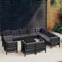  13 Piece Garden Lounge Set with Cushions Black Solid Pinewood