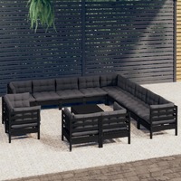  14 Piece Garden Lounge Set with Cushions Black Solid Pinewood