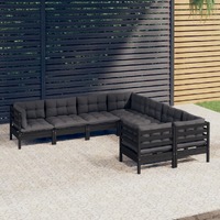  8 Piece Garden Lounge Set with Cushions Black Solid Pinewood