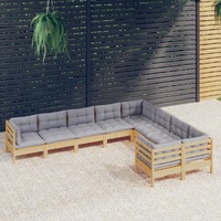  9 Piece Garden Lounge Set with Grey Cushions Pinewood