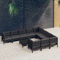  11 Piece Garden Lounge Set with Cushions Black Pinewood