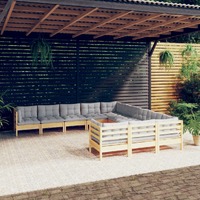  11 Piece Garden Lounge Set with Grey Cushions Pinewood