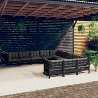  11 Piece Garden Lounge Set with Cushions Black Pinewood