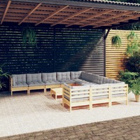  12 Piece Garden Lounge Set with Grey Cushions Pinewood