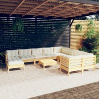  11 Piece Garden Lounge Set with Cream Cushions Pinewood