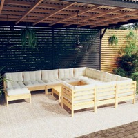  12 Piece Garden Lounge Set with Cream Cushions Pinewood