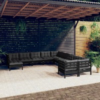  11 Piece Garden Lounge Set with Cushions Black Pinewood