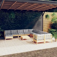  12 Piece Garden Lounge Set with Grey Cushions Pinewood