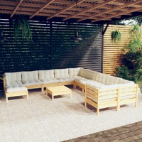  12 Piece Garden Lounge Set with Cream Cushions Pinewood