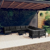  12 Piece Garden Lounge Set with Cushions Black Pinewood