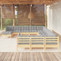  12 Piece Garden Lounge Set with Grey Cushions Pinewood