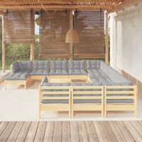 13 Piece Garden Lounge Set with Grey Cushions Pinewood