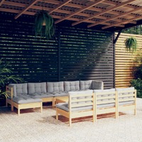  11 Piece Garden Lounge Set with Grey Cushions Pinewood