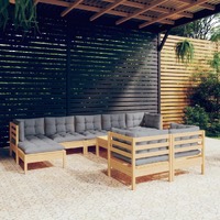  10 Piece Garden Lounge Set with Grey Cushions Solid Pinewood