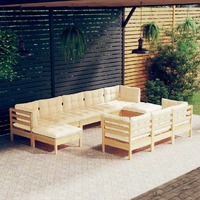  10 Piece Garden Lounge Set with Cream Cushions Solid Pinewood