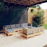  11 Piece Garden Lounge Set with Grey Cushions Solid Pinewood