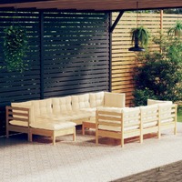  11 Piece Garden Lounge Set with Cream Cushions Solid Pinewood