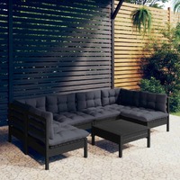  7 Piece Garden Lounge Set with Cushions Black Solid Pinewood