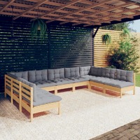  9 Piece Garden Lounge Set with Grey Cushions Solid Pinewood