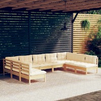 9 Piece Garden Lounge Set with Cream Cushions Solid Pinewood