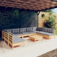  10 Piece Garden Lounge Set with Grey Cushions Solid Pinewood