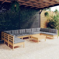  11 Piece Garden Lounge Set with Grey Cushions Solid Pinewood