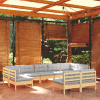  9 Piece Garden Lounge Set with Grey Cushions Solid Pinewood