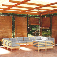  11 Piece Garden Lounge Set with Grey Cushions Solid Pinewood