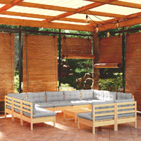  12 Piece Garden Lounge Set with Grey Cushions Solid Pinewood