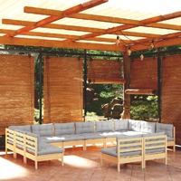  12 Piece Garden Lounge Set with Grey Cushions Solid Pinewood