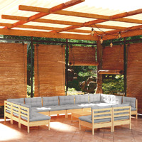  13 Piece Garden Lounge Set with Grey Cushions Solid Pinewood