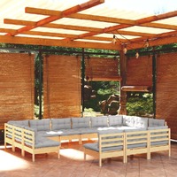  13 Piece Garden Lounge Set with Grey Cushions Solid Pinewood