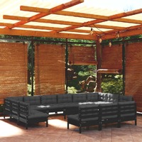  14 Piece Garden Lounge Set with Cushions Black Solid Pinewood