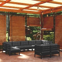  9 Piece Garden Lounge Set with Cushions Black Solid Pinewood