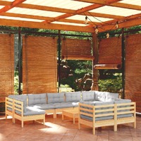  10 Piece Garden Lounge Set with Grey Cushions Solid Pinewood